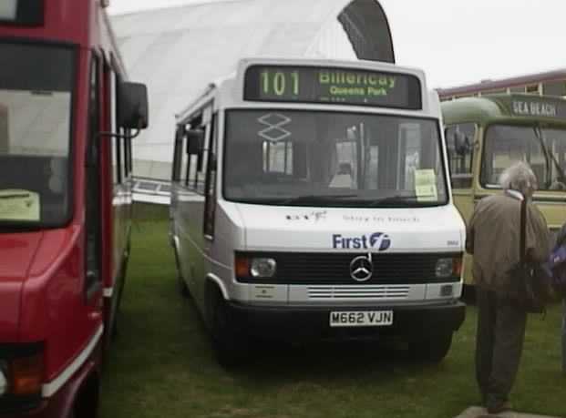 First Mercedes 709D Plaxton Beaver BT advert bus M662VJN